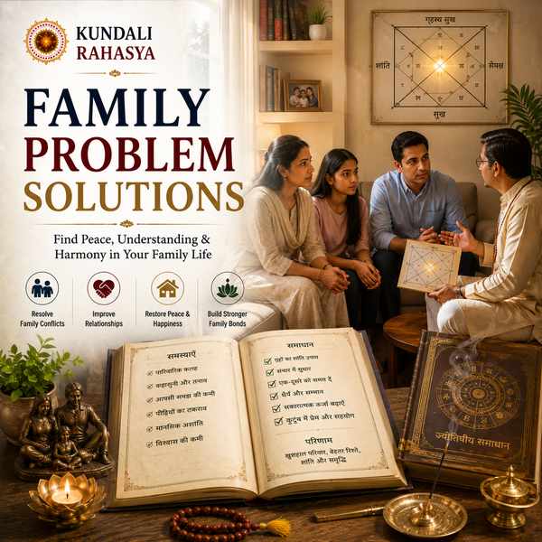 Family Problem Solutions featuring a family, Kundali chart, zodiac wheel, diya, flowers, kalash, and traditional Vedic spiritual elements.