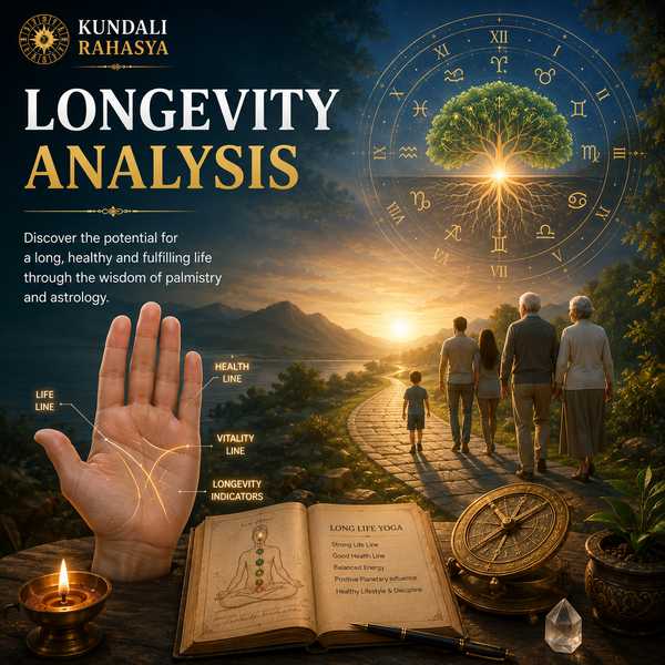 Longevity Analysis featuring a Kundali chart, zodiac wheel, planetary symbols, traditional Vedic astrology elements, diya, and spiritual motifs representing life and wellness themes.