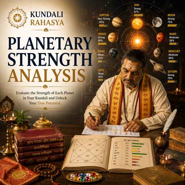 Planetary Strength Analysis featuring a detailed Kundali chart, Navagraha symbols, zodiac wheel, planetary positions, sacred yantra, diya, gemstones, and traditional Vedic astrology elements.