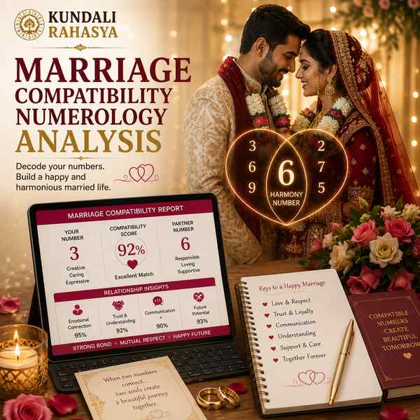 Marriage Compatibility Numerology Analysis featuring a romantic couple, numerology numbers, life path compatibility chart, wedding rings, heart motifs, and traditional numerology elements.