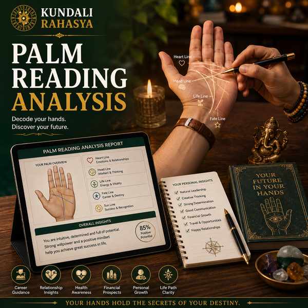 Palm Reading Analysis featuring a hand with highlighted palm lines, palmistry chart, mounts, fingers, zodiac symbols, crystals, and traditional palmistry elements.