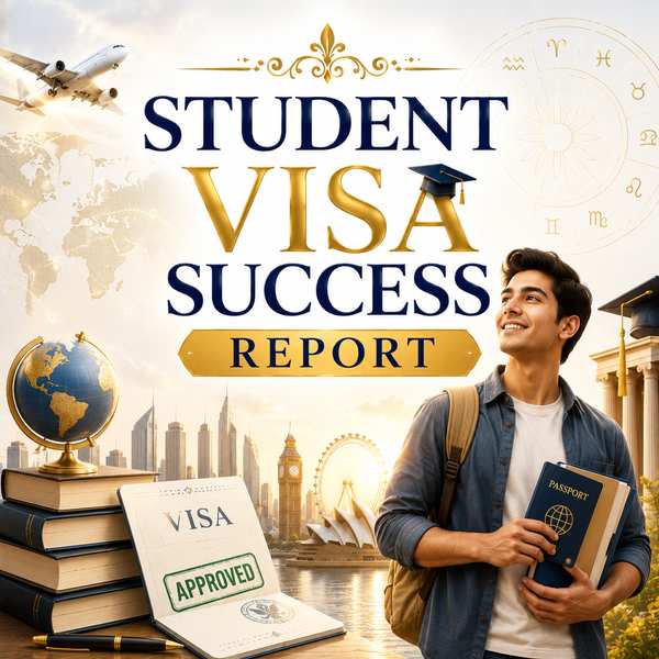 Student Visa Success Report featuring an international student, passport, student visa document, university campus, airplane, globe, books, Kundali chart, and traditional Vedic astrology elements.
