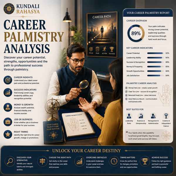 Career Palmistry Analysis featuring a palm with highlighted career lines, professional workspace, career pathway, palmistry chart, and traditional spiritual elements.