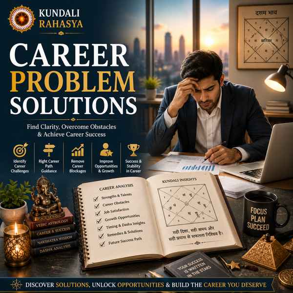 Career Problem Solutions featuring a professional workplace, career pathway, Kundali chart, zodiac symbols, diya, crystals, and traditional Vedic spiritual elements.