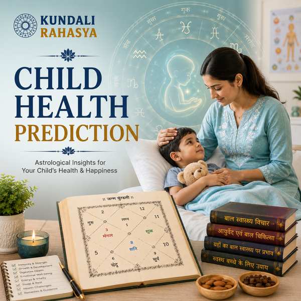 Child Health Prediction featuring a happy child, Kundali chart, zodiac wheel, planetary symbols, wellness elements, and traditional Vedic astrology motifs.