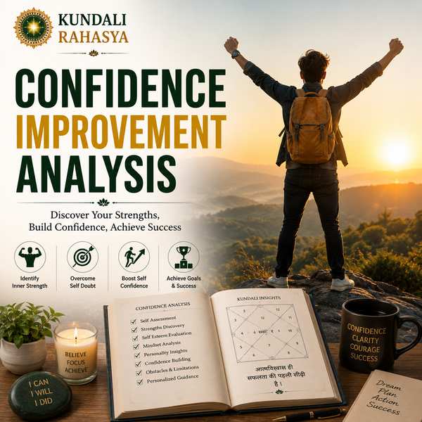 Confidence Improvement Analysis featuring a confident person, glowing aura, Kundali chart, zodiac symbols, crystals, diya, and Vedic astrology elements.