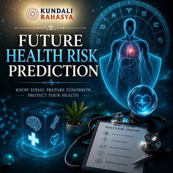 Future Health Risk Prediction featuring a Kundali chart, zodiac wheel, planetary symbols, wellness imagery, healing crystals, diya, lotus flowers, and traditional Vedic astrology elements.