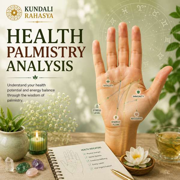 Health Palmistry Analysis featuring a palm with highlighted lines, wellness symbols, palmistry chart, healing crystals, diya, and traditional spiritual elements.