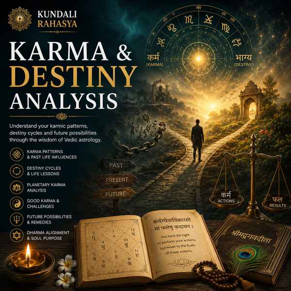 Karma Destiny Analysis featuring a Kundali chart, zodiac wheel, symbolic pathway, tarot cards, sacred yantra, diya, crystals, and traditional Vedic spiritual elements.