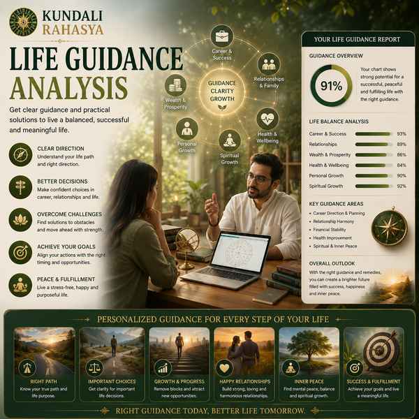 Life Guidance Analysis featuring a Kundali chart, zodiac wheel, peaceful pathway, planetary symbols, diya, crystals, and traditional Vedic astrology elements.
