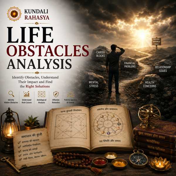 Life Obstacles Analysis featuring a Kundali chart, zodiac wheel, winding pathway, diya, crystals, sacred yantra, and traditional Vedic astrology elements.