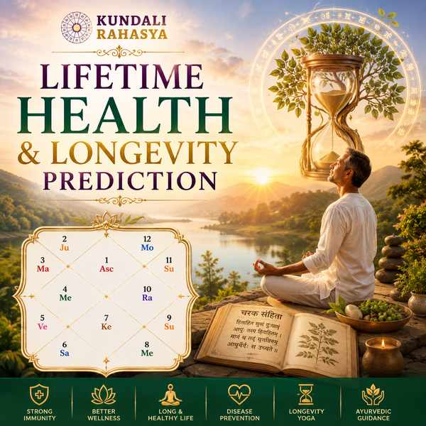 Lifetime Health & Longevity featuring a detailed Kundali chart, zodiac wheel, planetary symbols, wellness imagery, diya, lotus flowers, healing crystals, and traditional Vedic astrology elements.
