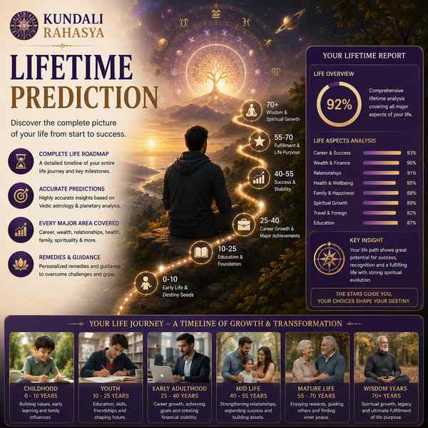 Lifetime Prediction featuring a detailed Kundali chart, zodiac wheel, planetary symbols, life pathway, Navagraha elements, diya, and traditional Vedic astrology motifs.