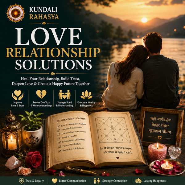 Love Relationship Solutions featuring a loving couple, heart symbols, Kundali chart, zodiac wheel, roses, diya, and traditional Vedic spiritual elements.
