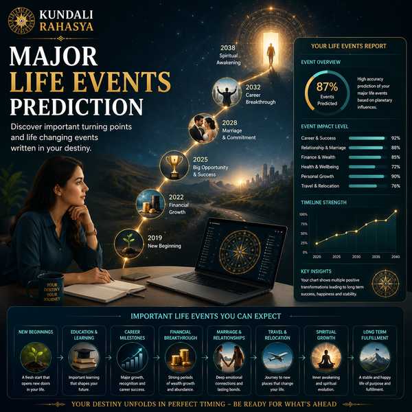 Major Life Events Prediction featuring a detailed Kundali chart, zodiac wheel, planetary symbols, life timeline, Navagraha elements, diya, and traditional Vedic astrology motifs.