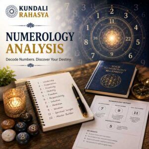 Numerology Analysis featuring meaningful numbers, numerology chart, life path calculations, alphabet-to-number system, crystal ball, zodiac symbols, and traditional numerology elements.