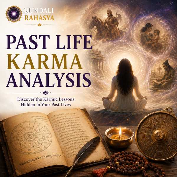 Past Life Karma Analysis featuring tarot cards, ancient scriptures, a glowing crystal ball, zodiac wheel, spiritual symbols, candles, crystals, and mystical celestial elements.