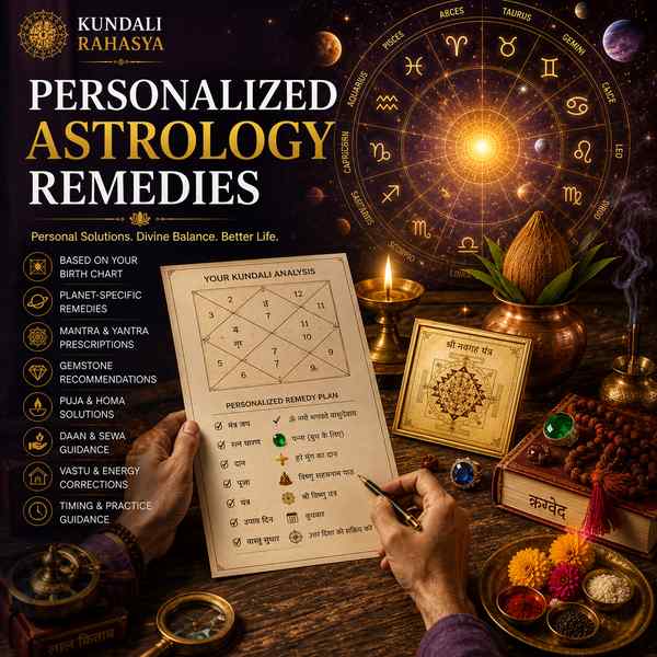 Personalized Astrology Remedies featuring a Kundali chart, planetary symbols, Navagraha Yantra, gemstones, Rudraksha, diya, kalash, and traditional Vedic spiritual elements.