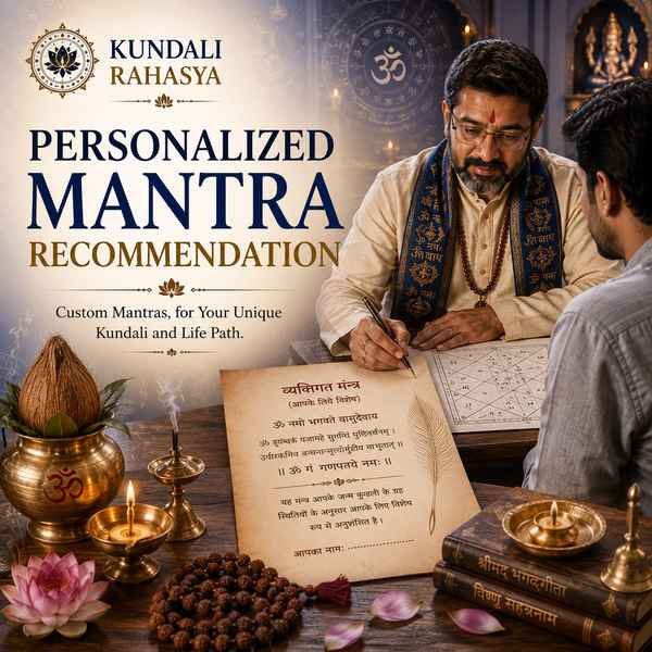 Personalized Mantra Recommendation featuring sacred mantra scriptures, a Kundali chart, Rudraksha beads, diya, kalash, flowers, and traditional Vedic spiritual elements.