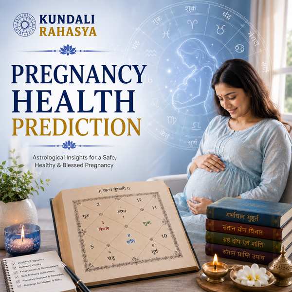 Pregnancy Health Prediction featuring a peaceful mother-to-be, Kundali chart, zodiac symbols, lotus flowers, diya, and traditional Vedic astrology elements.