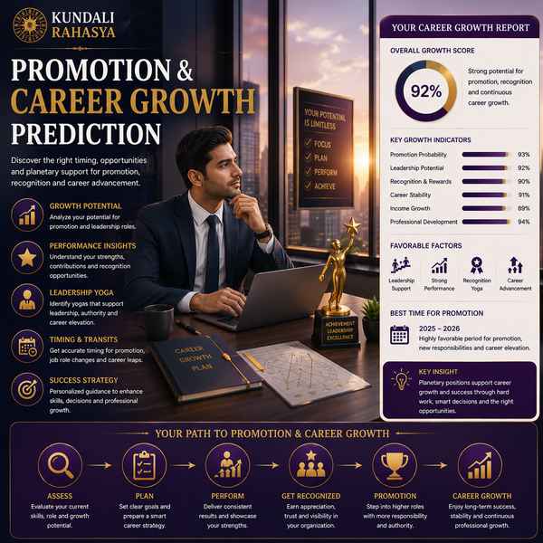 Promotion & Career Growth Prediction featuring a professional workplace, career pathway, Kundali chart, zodiac wheel, planetary symbols, growth chart, and traditional Vedic astrology elements.