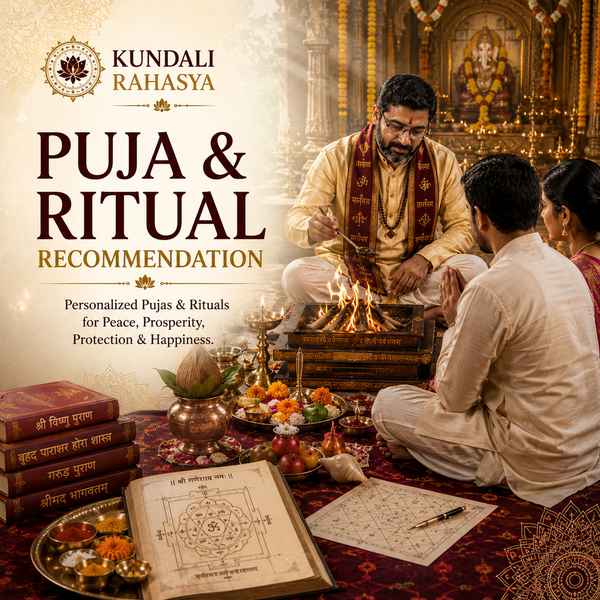 Puja Ritual Recommendation featuring a traditional puja thali, diya, kalash, flowers, incense, sacred offerings, Vedic scriptures, and spiritual elements.