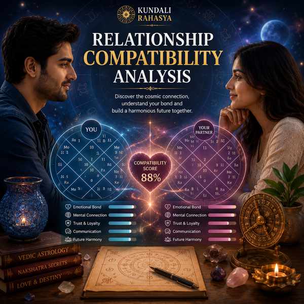 Relationship Compatibility Analysis featuring a couple, Kundali charts, zodiac wheel, planetary symbols, heart motifs, and traditional Vedic astrology elements.