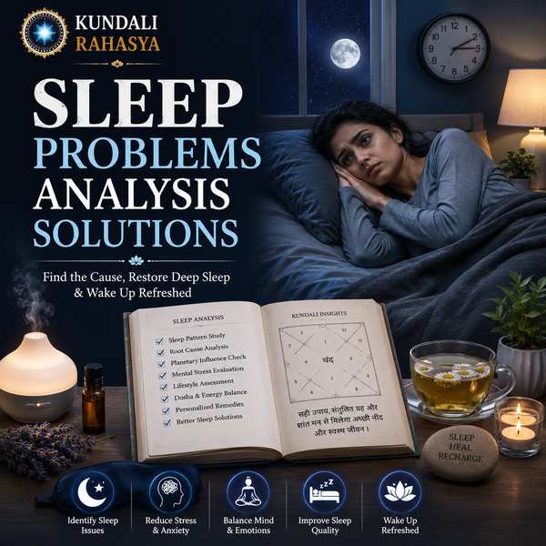 Sleep Problems Analysis Solutions featuring a peaceful sleeping scene, moon and stars, Kundali chart, calming crystals, diya, and Vedic astrology elements.