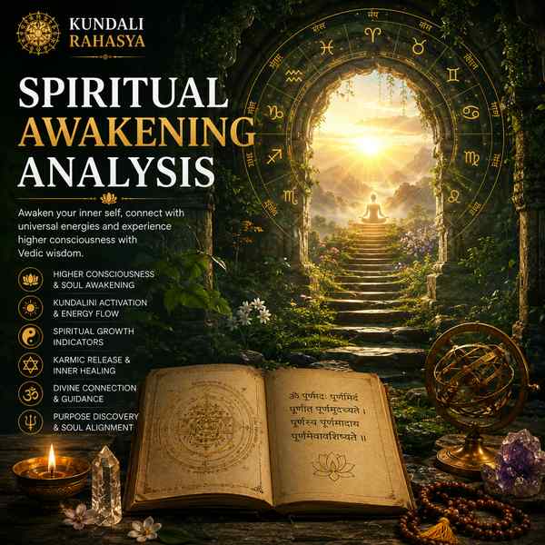 Spiritual Awakening Analysis featuring a person in meditation, glowing aura, lotus flowers, sacred Yantra, Rudraksha beads, diya, crystals, and traditional Vedic spiritual elements.