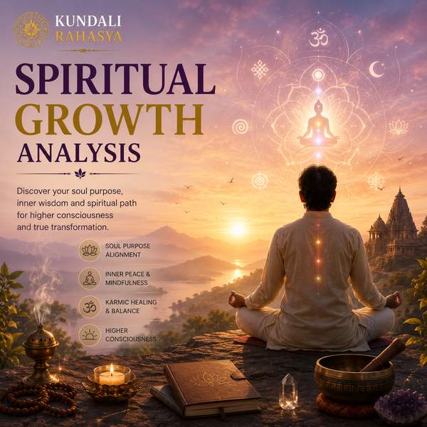 Spiritual Growth Analysis featuring a person in meditation, glowing chakras, sacred Yantra, Kundali chart, lotus, Rudraksha beads, crystals, diya, and traditional Vedic spiritual elements.