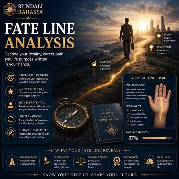Fate Line Analysis featuring a palm with a highlighted fate line, palmistry chart, career symbols, pathway, crystals, and traditional spiritual elements.