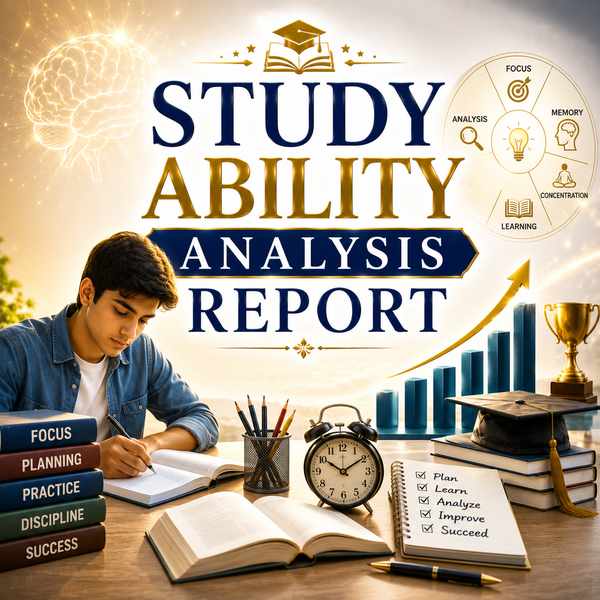 Study Ability Analysis Report featuring a focused student studying with books, academic symbols, learning charts, Kundali chart, zodiac wheel, planetary symbols, and traditional Vedic astrology elements.