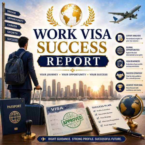 Work Visa Success Report featuring a professional traveler, passport, work visa document, international city skyline, airplane, globe, Kundali chart, and traditional Vedic astrology elements.