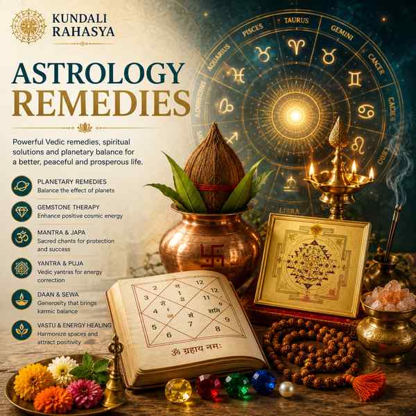 Astrology Remedies featuring a Kundali chart, Navagraha symbols, sacred Yantra, gemstones, Rudraksha beads, diya, kalash, and traditional Vedic spiritual elements.
