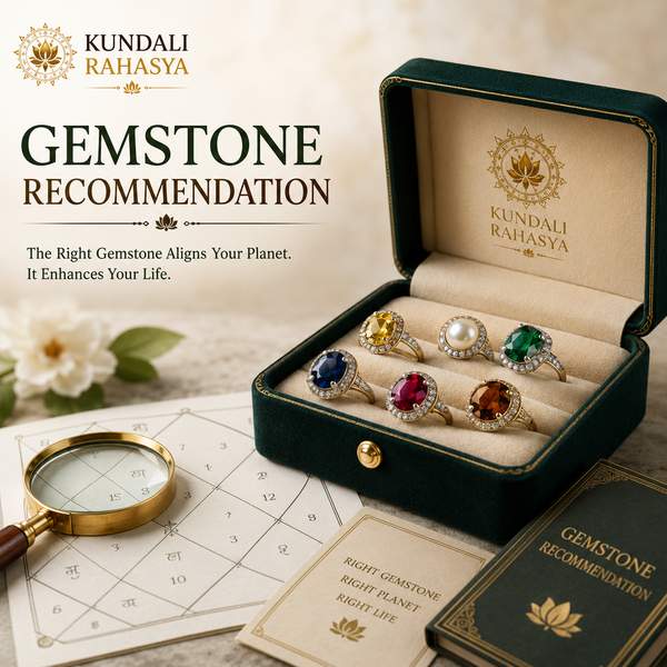 Gemstone Recommendation featuring natural gemstones, a Kundali chart, zodiac wheel, planetary symbols, diya, kalash, and traditional Vedic astrology elements.