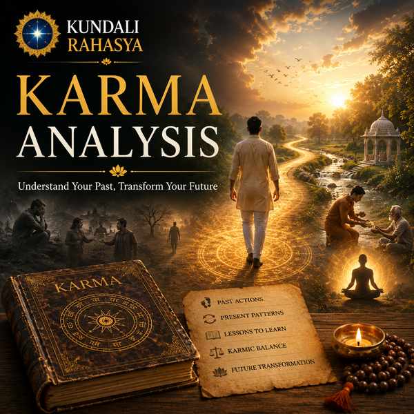 Karma Analysis featuring a Kundali chart, tarot cards, zodiac wheel, spiritual symbols, crystals, diya, and celestial elements representing karmic patterns and life lessons.