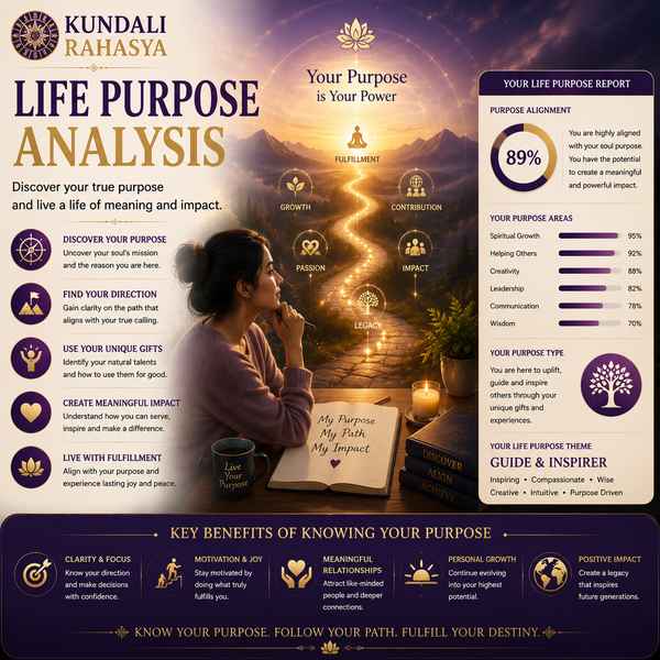 Life Purpose Analysis featuring a person in meditation, glowing pathway, Kundali chart, zodiac wheel, planetary symbols, lotus, crystals, and traditional Vedic spiritual elements.