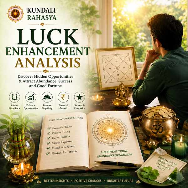 Luck Enhancement Analysis featuring a Kundali chart, zodiac wheel, prosperity symbols, lucky gemstones, diya, kalash, and traditional Vedic astrology elements.