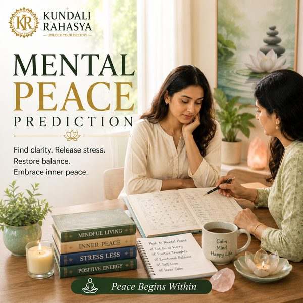 Mental Peace Prediction featuring a person in peaceful meditation, glowing aura, moonlight, lotus flowers, Kundali chart, crystals, diya, and traditional Vedic wellness elements.
