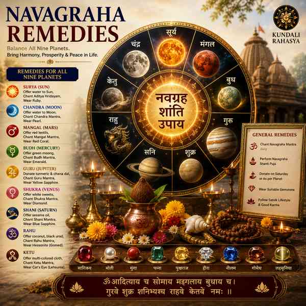 Navagraha Remedies featuring the nine planetary symbols, Kundali chart, Navagraha Yantra, gemstones, Rudraksha beads, diya, kalash, and traditional Vedic spiritual elements.