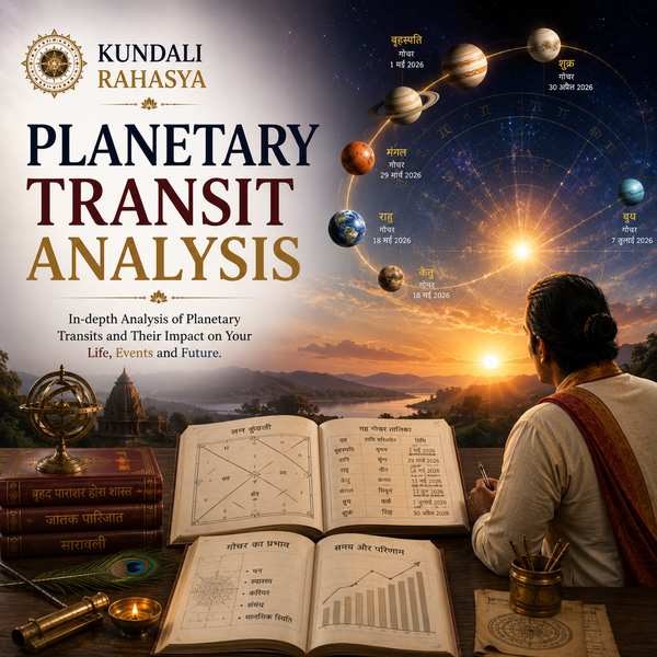 Planetary Transit Analysis featuring a Kundali chart, zodiac wheel, multiple planets, planetary transit paths, Navagraha symbols, and traditional Vedic astrology elements.
