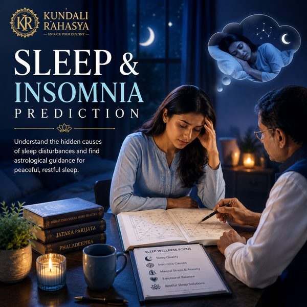 Sleep & Insomnia Prediction featuring a peaceful sleeping person, glowing moon and stars, Kundali chart, zodiac wheel, calming crystals, diya, and traditional Vedic wellness elements.