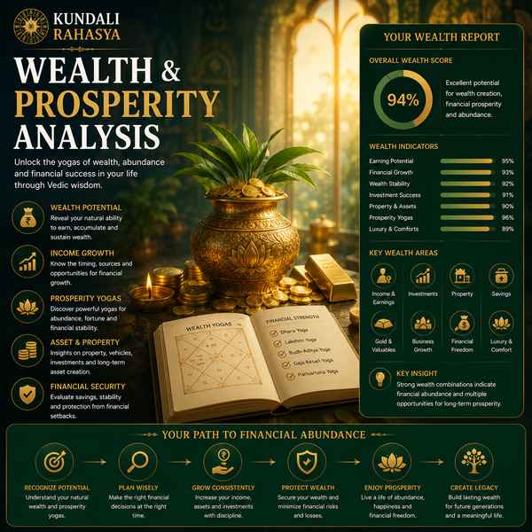 Wealth & Prosperity Analysis featuring a Kundali chart, zodiac wheel, Jupiter and Venus symbols, gold coins, prosperity motifs, gemstones, diya, and traditional Vedic astrology elements.