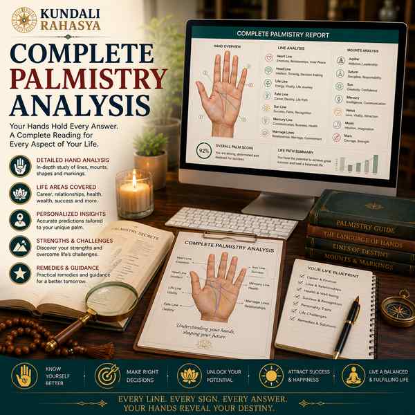 Complete Palmistry Analysis featuring a hand with highlighted major palm lines, mounts, palmistry chart, zodiac symbols, crystals, diya, and traditional palmistry elements.