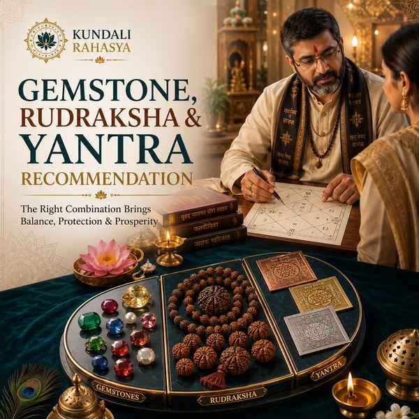 Gemstone, Rudraksha & Yantra featuring natural gemstones, Rudraksha beads, sacred Yantras, Kundali chart, diya, kalash, and traditional Vedic spiritual elements.