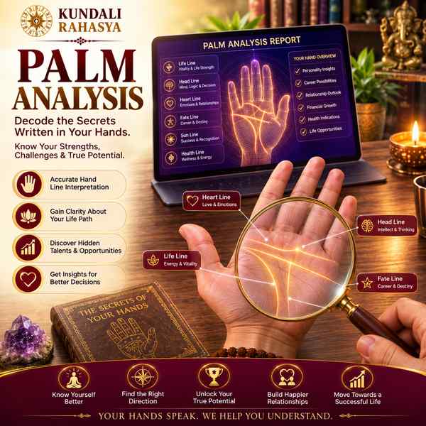 Palm Analysis featuring a hand with highlighted palm lines, detailed palmistry chart, mounts and major lines, zodiac symbols, crystals, and traditional palmistry elements.