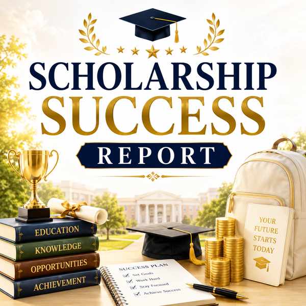 Scholarship Success featuring a student studying with books, graduation symbols, scholarship certificate, Kundali chart, zodiac wheel, planetary symbols, and traditional Vedic astrology elements.