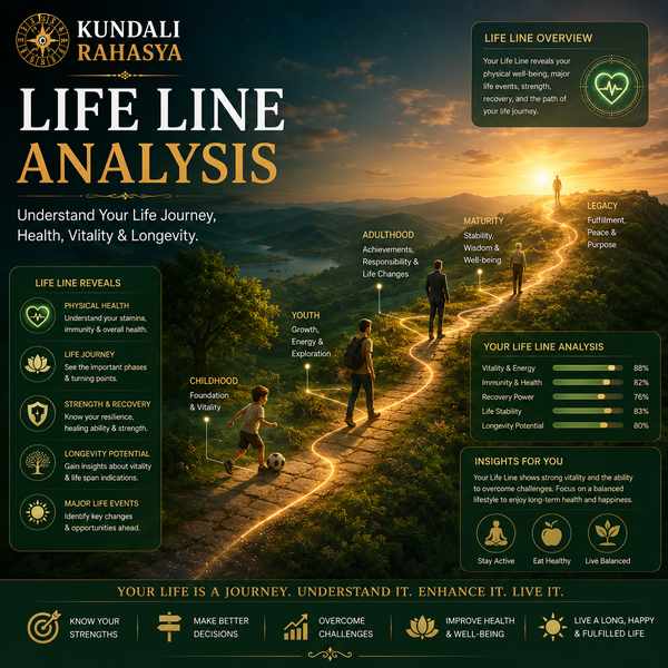 Life Line Analysis featuring a palm with a highlighted life line, palmistry chart, wellness symbols, crystals, diya, and traditional spiritual elements.