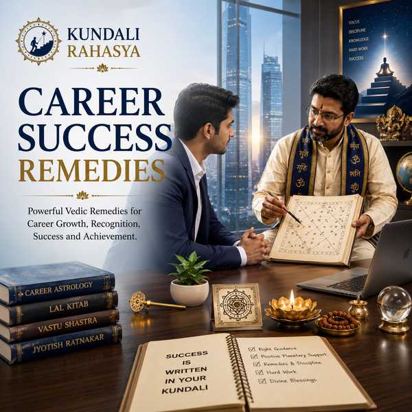 Career Success Remedies featuring a professional workspace, career pathway, Kundali chart, zodiac symbols, sacred yantra, diya, crystals, and traditional Vedic astrology elements.